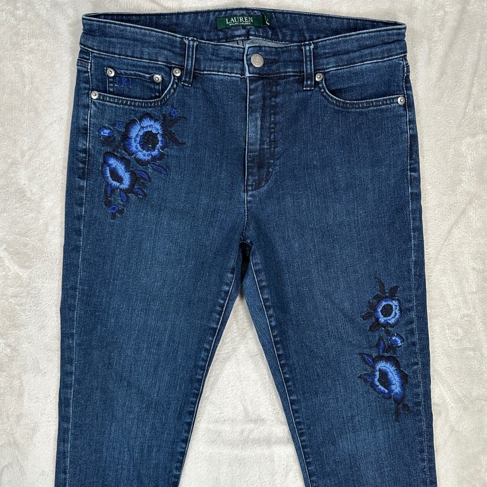 Lauren Ralph Lauren Jeans Womens 6 Embroidered Blue Floral  Skinny Raw Hem